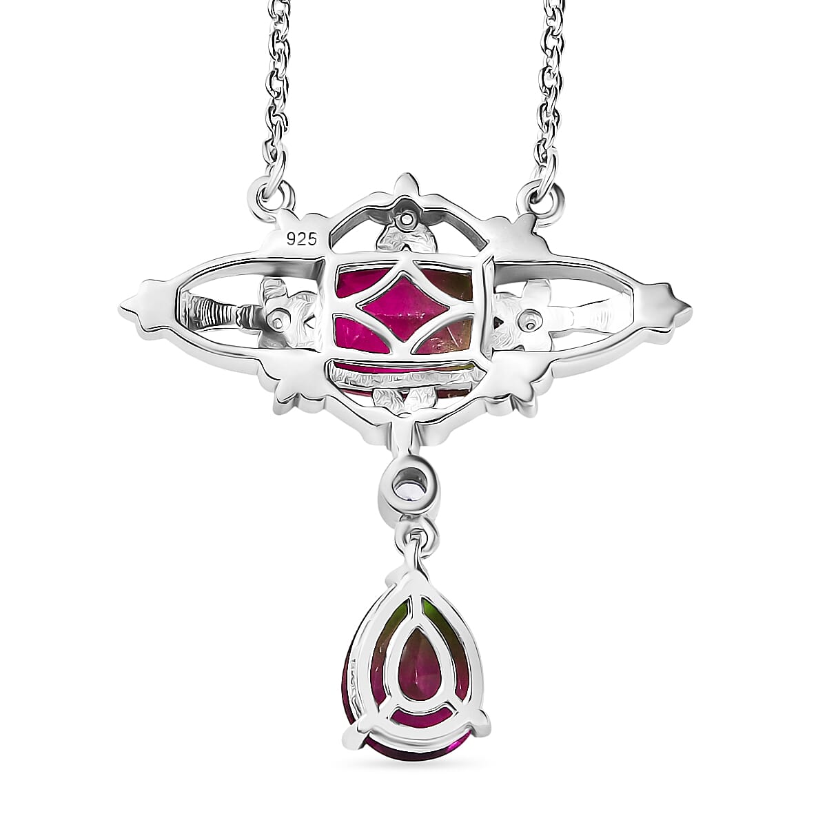 Watermelon Quartz Triplet & White Zircon Necklace (Size - 20) with Lobster Clasp in Rhodium Overlay Sterling Silver 4.49 Ct. Watermelon Quartz Triplet & White Zircon Necklace (Size - 20) with Lobster Clasp in Rhodium Overlay Sterling Silver 4.49 Ct.