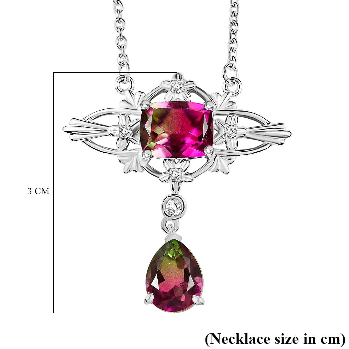 Watermelon Quartz Triplet & White Zircon Necklace (Size - 20) with Lobster Clasp in Rhodium Overlay Sterling Silver 4.49 Ct. Watermelon Quartz Triplet & White Zircon Necklace (Size - 20) with Lobster Clasp in Rhodium Overlay Sterling Silver 4.49 Ct.