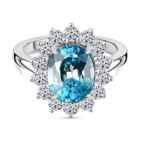 Luxuriant Diamond 950 Platinum AAA Blue Zircon & (SI-G-H) Lab Grown Diamond Halo Ring 4.95 Ct, Platinum Wt.5.55 Gms.