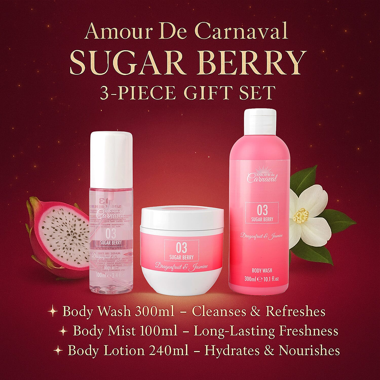 Laurelle Amour De Carnaval - Sugar Berry Luxurious 3 Piece Gift Set (300mL Body Wash, 100mL Body Mist, 240mL Body Lotion) - Dragonfruit & Jasmine Scent
