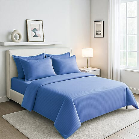 Hush Haven 6 Piece Striped Cotton Duvet Cover Set - Includes 4 Pillowcases, 1 Fitted Sheet - 1 Duet Cover - Deep Blue