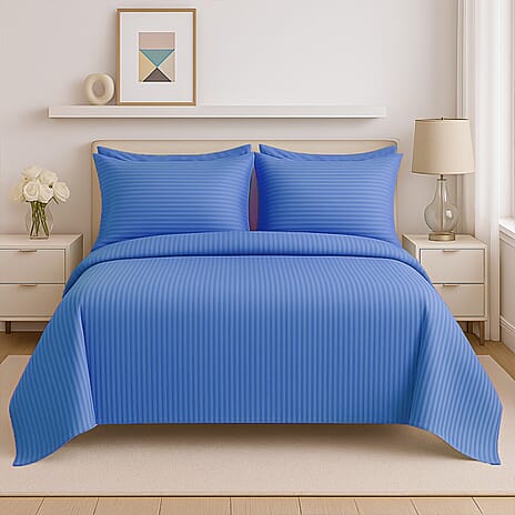 Hush Haven 6 Piece Striped Cotton Duvet Cover Set - Includes 4 Pillowcases, 1 Fitted Sheet - 1 Duet Cover - Deep Blue