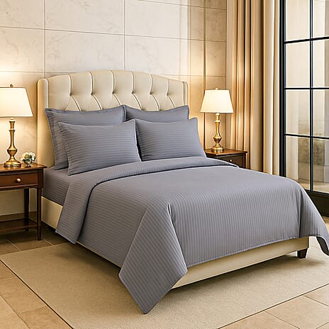 6 Piece Striped Cotton Duvet Cover Set - Includes 4 Pillowcases, 1 Fitted Sheet - 1 Duet Cover (Double) - Silver - White