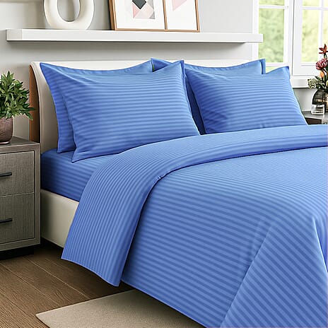 Hush Haven 6 Piece Striped Cotton Duvet Cover Set - Includes 4 Pillowcases, 1 Fitted Sheet - 1 Duet Cover - Deep Blue