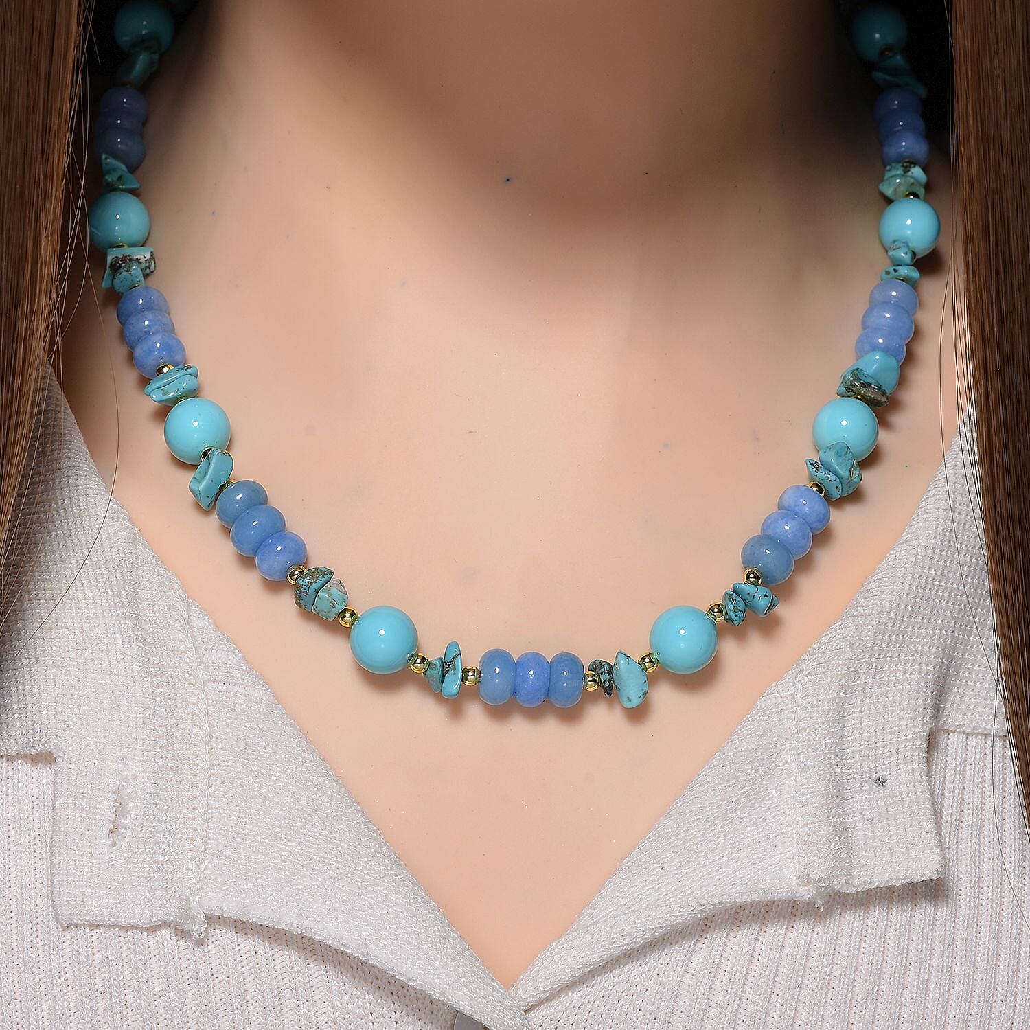 Sleeping Beauty Shell Pearl, Blue Howlite & Agate Necklace (Size 18-2) in Yellow Gold Tone 170.00 Ct.