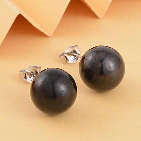 Natural Shungite Earrings with Push Backs in Rhodium Overlay Sterling Silver 12.00 Ct.