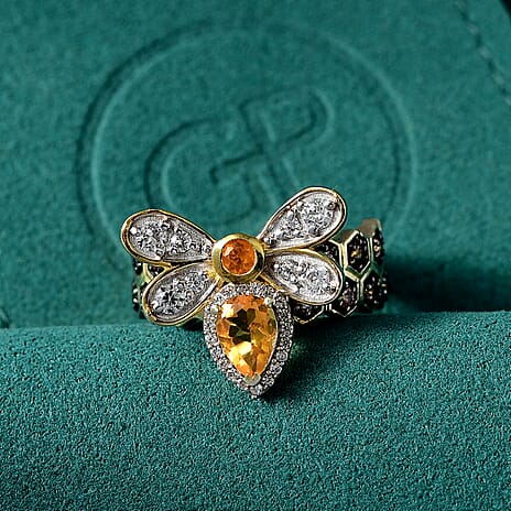 GP HoneyComb Collection - Fire Opal, Blue Sapphire, Brown Zircon, White Zircon Ring in 18K Vermeil Yellow Gold Plated Sterling Silver 1.89 Ct.