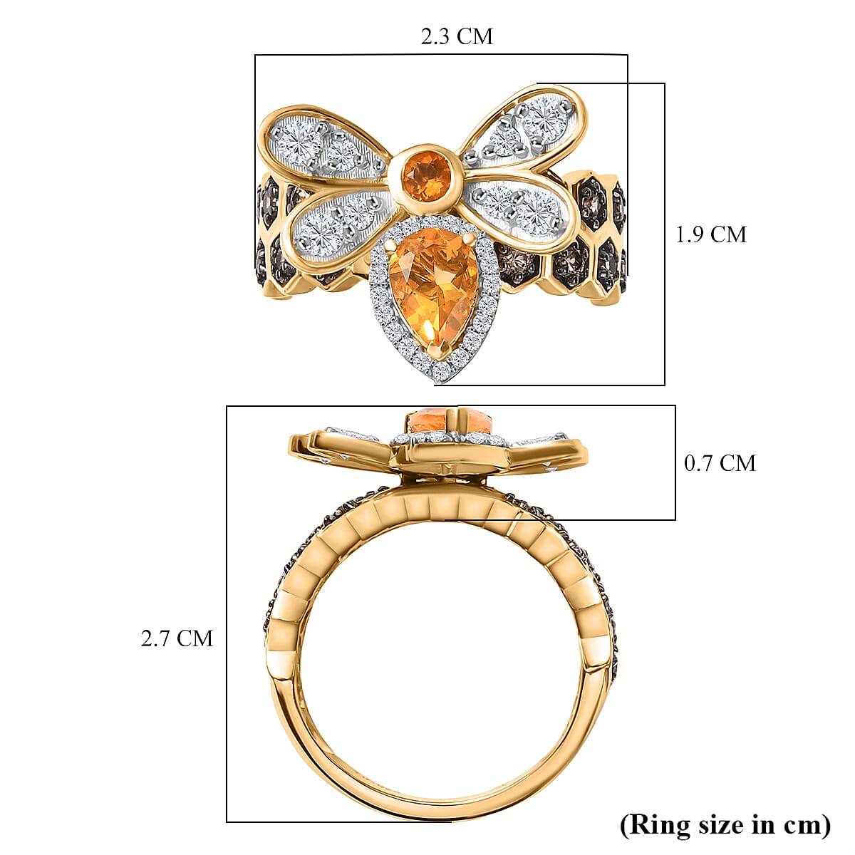 GP HoneyComb Collection - Fire Opal, Blue Sapphire, Brown Zircon, White Zircon Ring in 18K Vermeil Yellow Gold Plated Sterling Silver 1.89 Ct. GP HoneyComb Collection - Fire Opal, Blue Sapphire, Brown Zircon, White Zircon Ring in 18K Vermeil Yellow Gold Plated Sterling Silver 1.89 Ct.