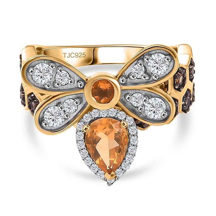 GP HoneyComb Collection - Fire Opal, Blue Sapphire, Brown Zircon, White Zircon HoneyBee Ring in 18K Vermeil Yellow Gold Plated Sterling Silver 1.89 Ct.