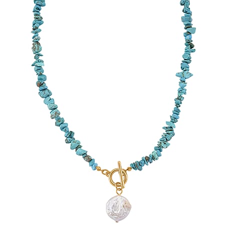 Blue Howlite & White Shell Pearl T-Bar Clasp Necklace (Size - 20) 125.01 Ct.