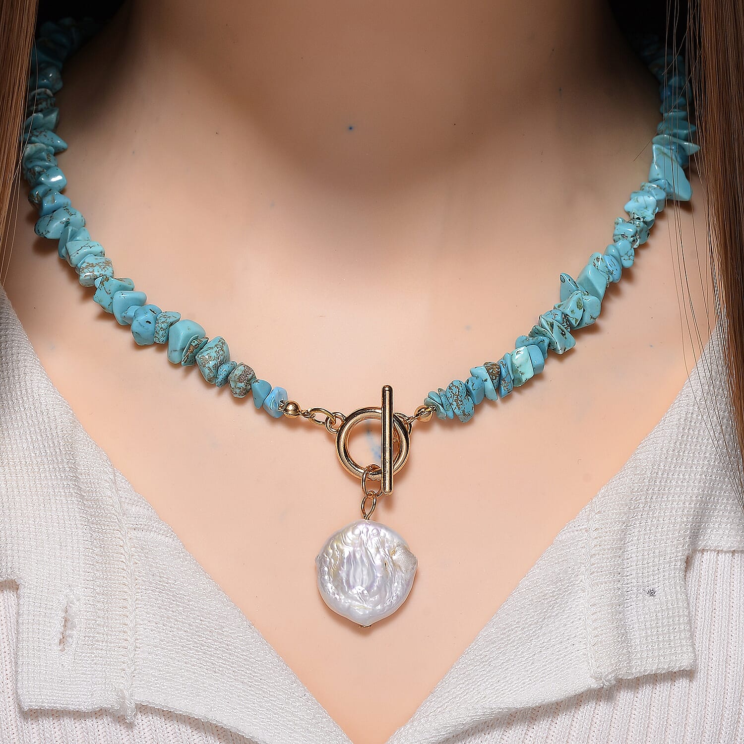 Turquoise White Shell Pearl T-Bar Clasp Necklace (Size - 20) 125.01 Ct.