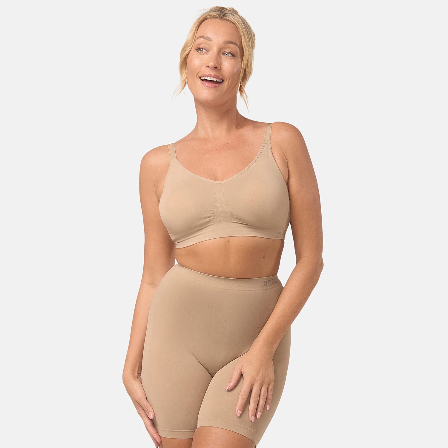 Bella Bodies Cool Fit Seamless High-Waisted Everyday Anti-Chafing Shorts (Size M) - Sand