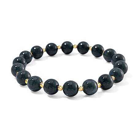 Natural Type A Olmec Jadeite Bracelet (Size 7.5 Stretchable) in Yellow Gold Plating Sterling Silver