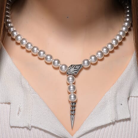 Designer Inspired - White Shell Pearl and White Cubic Zirconia Adjustable Necklace (Size - 22)
