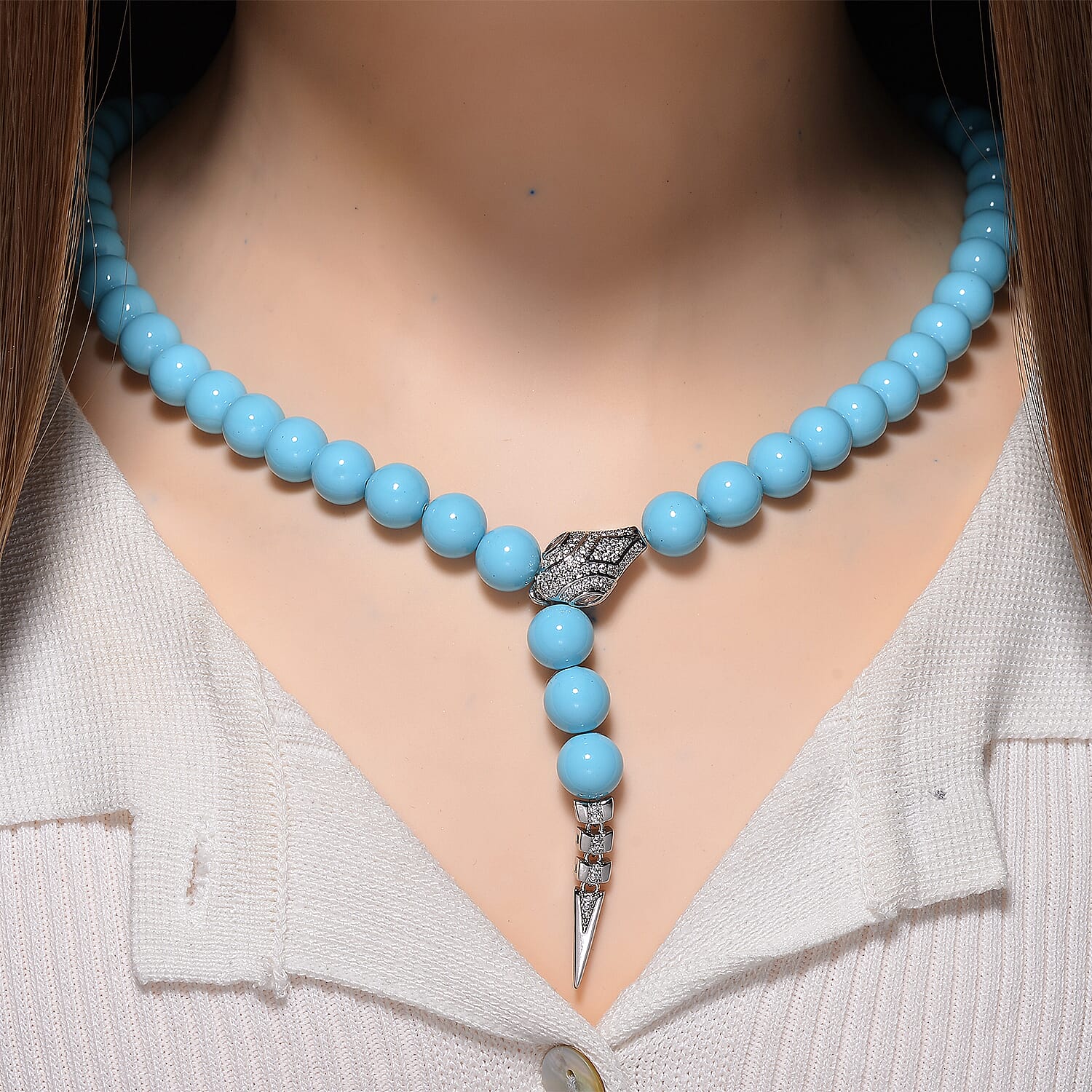 Designer Inspired - Sleeping Beauty Color Shell Pearl & White Cubic Zirconia Adjustable Necklace (Size - 22) 301.50 Ct.