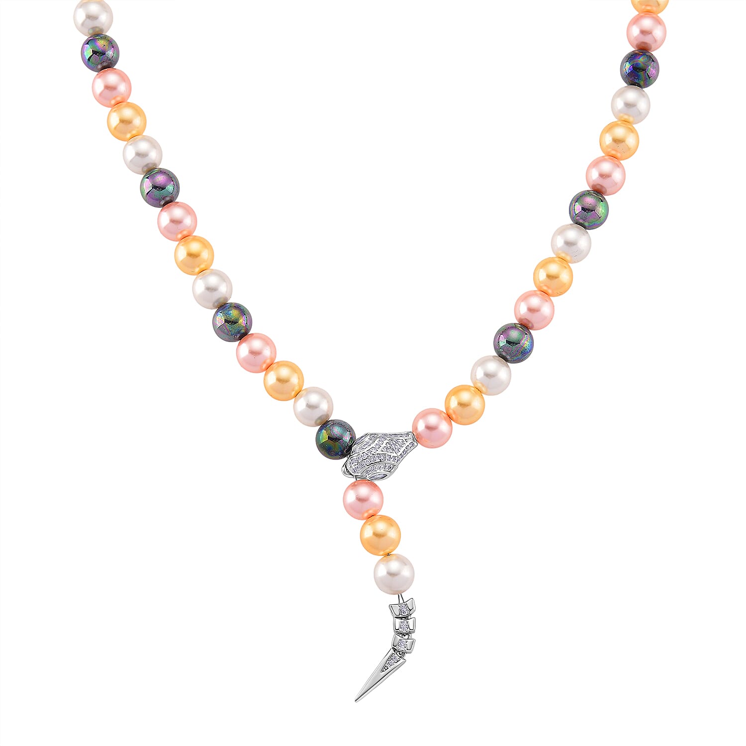 Designer Inspired - Multi Color Shell Pearl & White Cubic Zirconia Adjustable Necklace (Size - 22) 301.50 Ct.