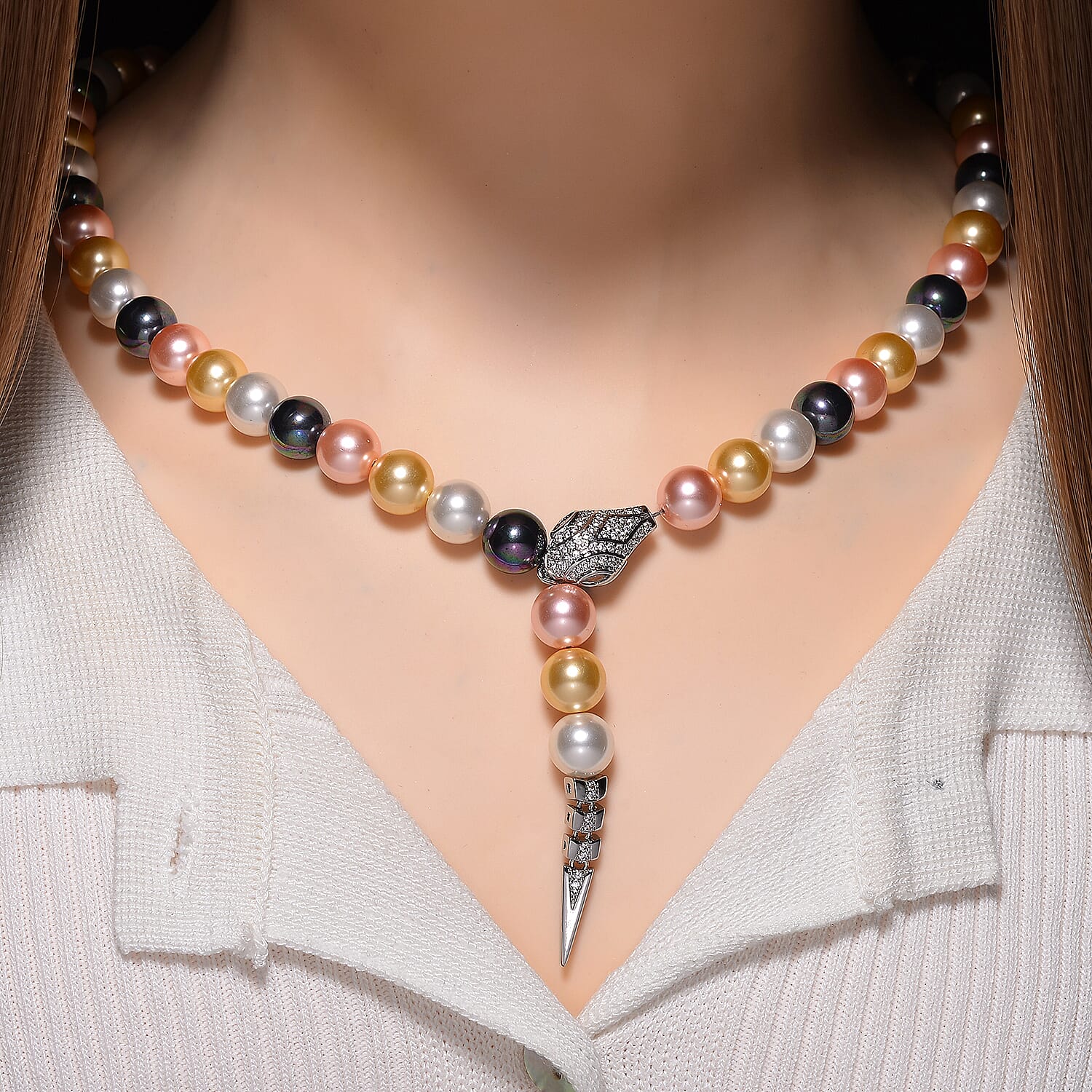 Designer Inspired - Multi Color Shell Pearl & White Cubic Zirconia Adjustable Necklace (Size - 22) 301.50 Ct.