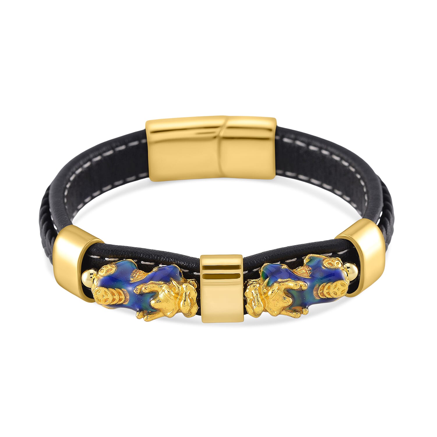 Super Find - Genuine Leather with Alloy-Std Yellow Pixiu Enameled Bracelet (Size - 8)