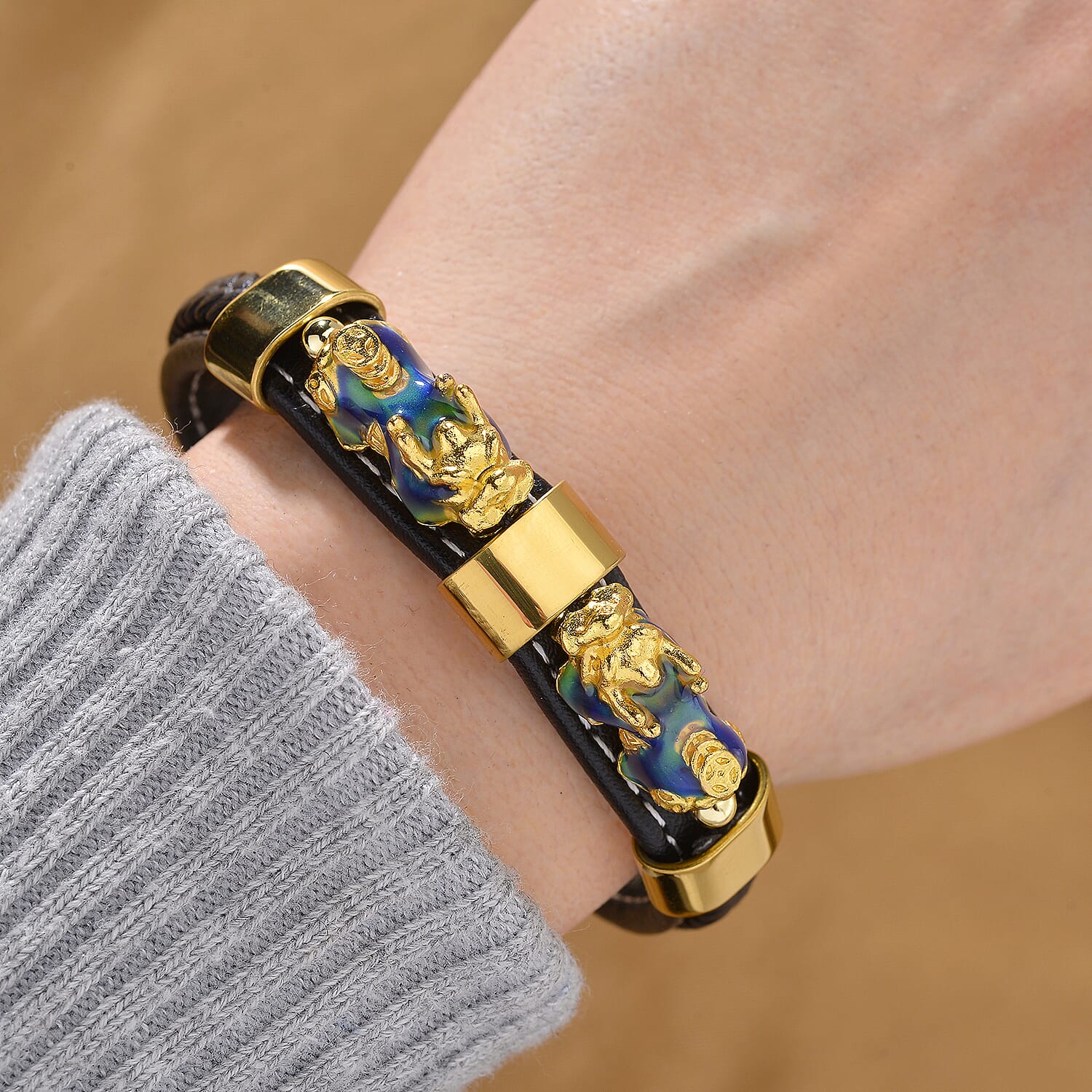 Super Find - Genuine Leather with Alloy-Std Yellow Pixiu Enameled Bracelet (Size - 8)