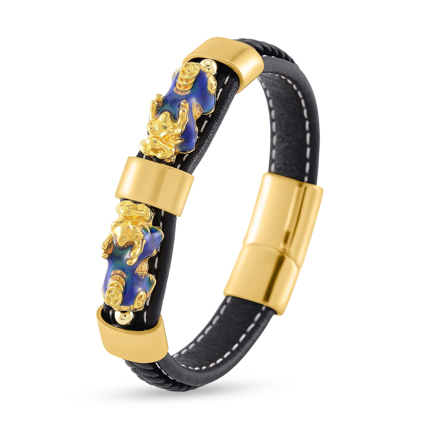 Super Find - Genuine Leather with Alloy-Std Yellow Pixiu Enameled Bracelet (Size - 8)