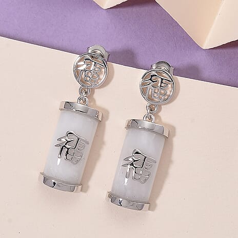 Natural White Jade Dangling Earring with Push Back in Rhodium Overlay Sterling Silver 26.54 Ct.