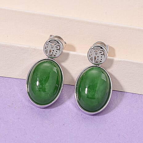 Green Jadeite Earrings with Push Back in Rhodium Overlay Sterling Silver 14.90 Ct.