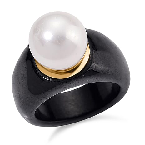 AAA Edison Pearl & Black Jade Ring in 18K Vermeil Yellow Gold Plated Sterling Silver 42.00 Ct.