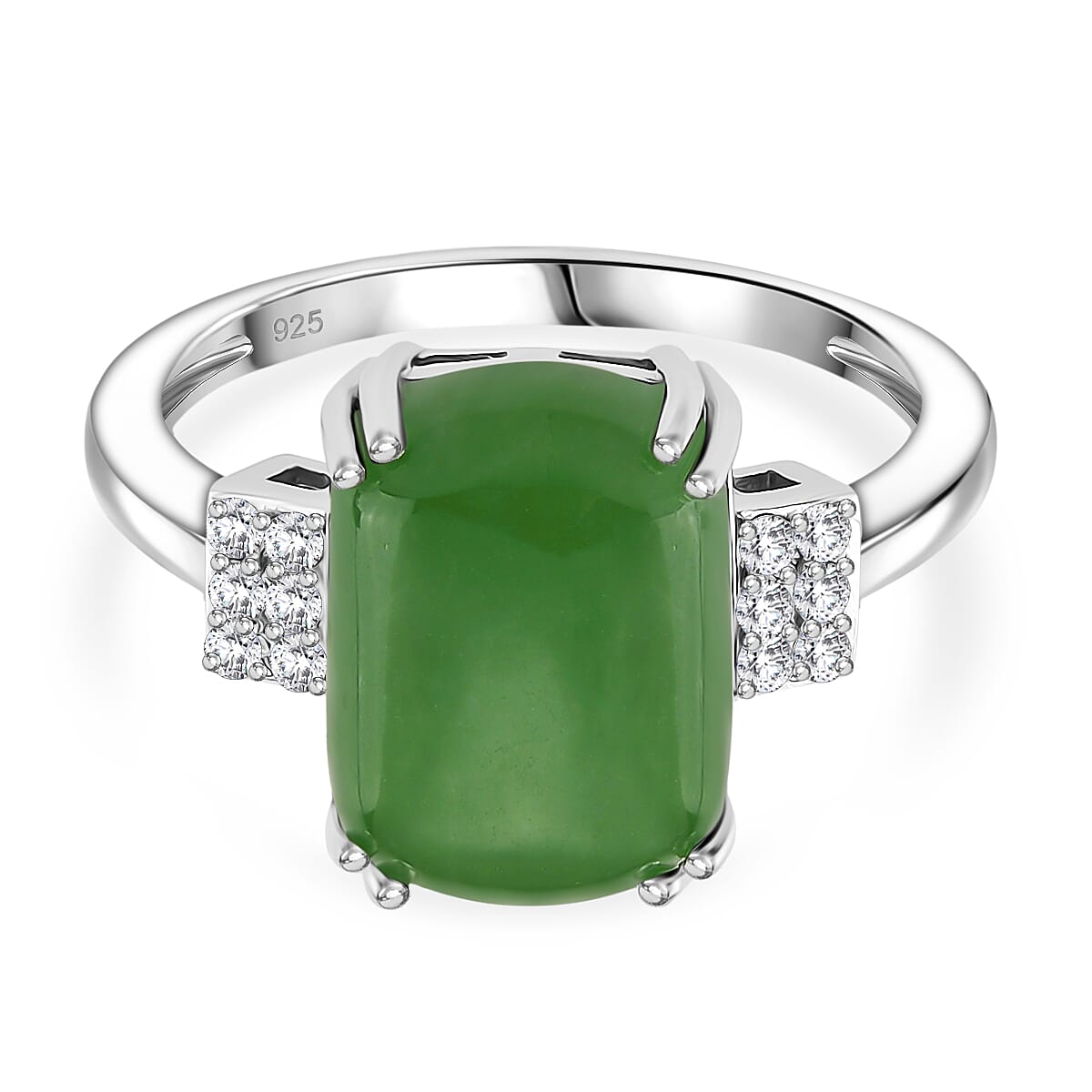 Enhanced Green Jade & Moissanite Ring in Rhodium Overlay Sterling Silver 8.76 Ct.