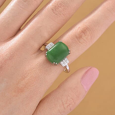 Dyed Green Jade & Moissanite Ring in Rhodium Overlay Sterling Silver 8.76 Ct.