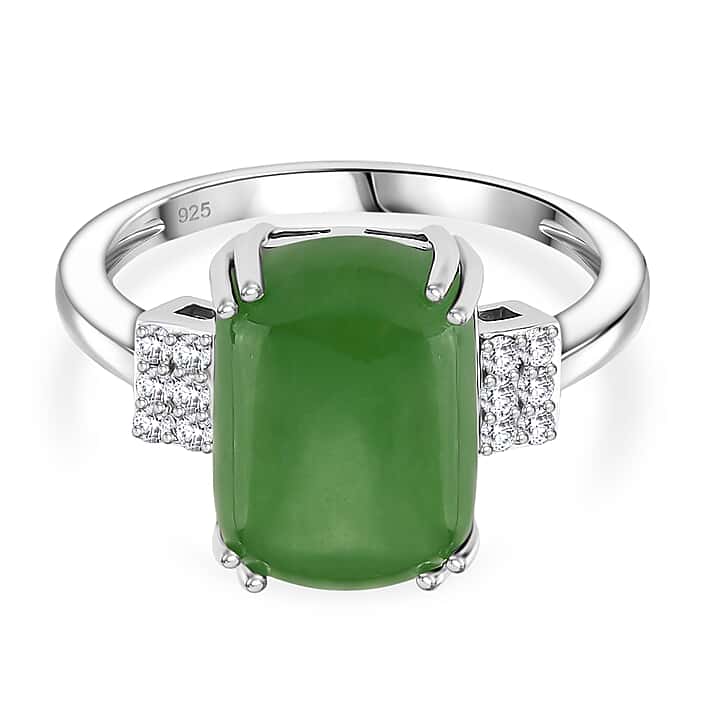 Enhanced Green Jade and Moissanite Ring in Rhodium Overlay Sterling Silver 8.76 Ct.