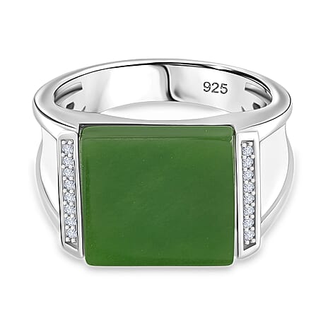 Enhanced Green Jade & Moissanite Solitaire Ring in Rhodium Overlay Sterling Silver 6.97 Ct, Silver Wt. 6.50