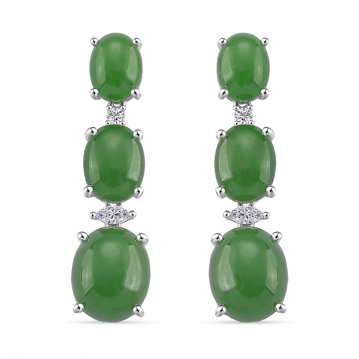 Green Jade & Moissanite Earring with Push Back in Rhodium Overlay Sterling Silver 17.90 Ct.