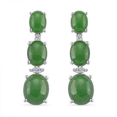 Green Jade & Moissanite Earring with Push Back in Rhodium Overlay Sterling Silver 17.90 Ct.