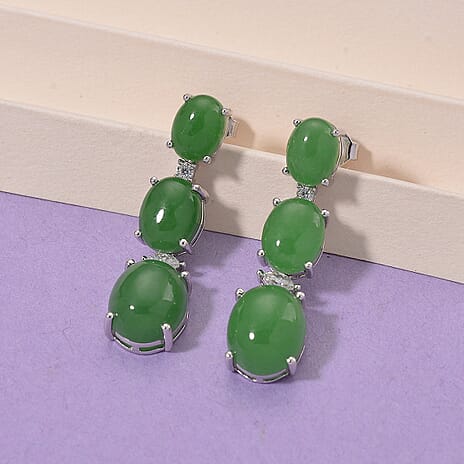Green Jade & Moissanite Earring with Push Back in Rhodium Overlay Sterling Silver 17.90 Ct.