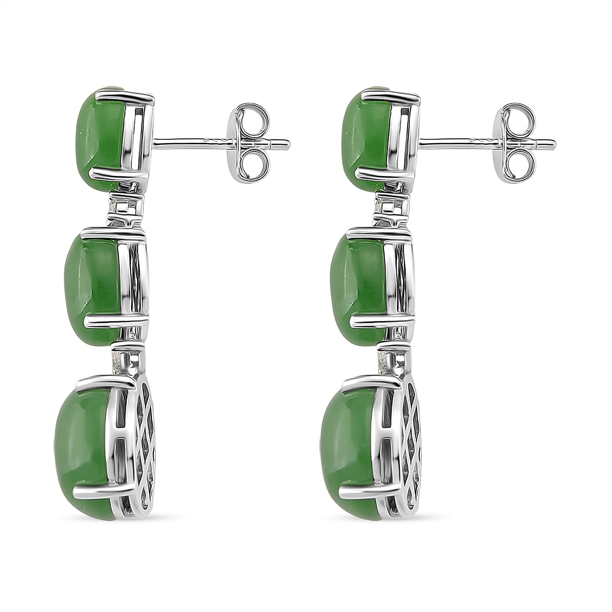 Green Jade & Moissanite Earring with Push Back in Rhodium Overlay Sterling Silver 17.90 Ct.