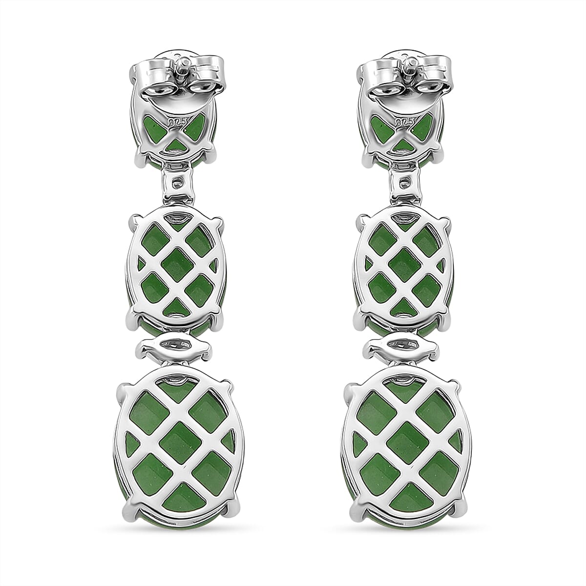 Green Jade & Moissanite Earring with Push Back in Rhodium Overlay Sterling Silver 17.90 Ct.