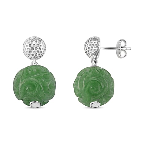 Enhanced Green Jade Dangling Earring with Push Back in Rhodium Overlay Sterling Silver 35.70 Ct.