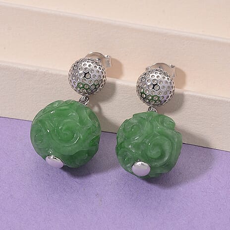 Enhanced Green Jade Dangling Earring with Push Back in Rhodium Overlay Sterling Silver 35.70 Ct.