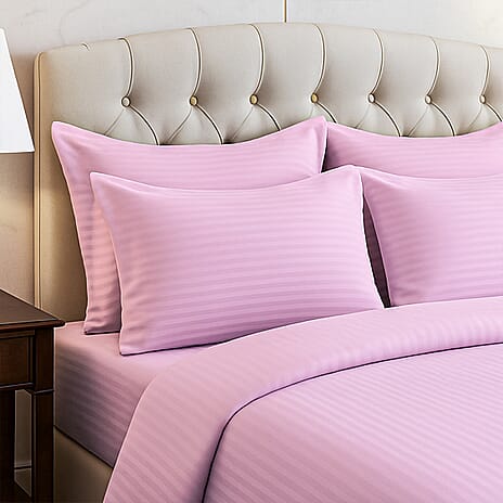 The Luxe Collection - 6 Piece Cotton Vertical Satin Stripe Duvet Cover Set - Inc. 1 Duvet Cover, 1 Fitted Sheet with 2 Housewife & 2 Oxford Pillowcases (King) - Pink