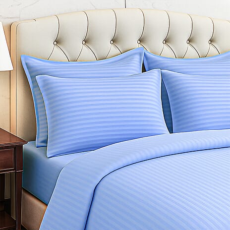 The Luxe Collection - 6 Piece Cotton Vertical Satin Stripe Duvet Cover Set - Inc. 1 Duvet Cover, 1 Fitted Sheet with 2 Housewife & 2 Oxford Pillowcases (Double) - Light Blue