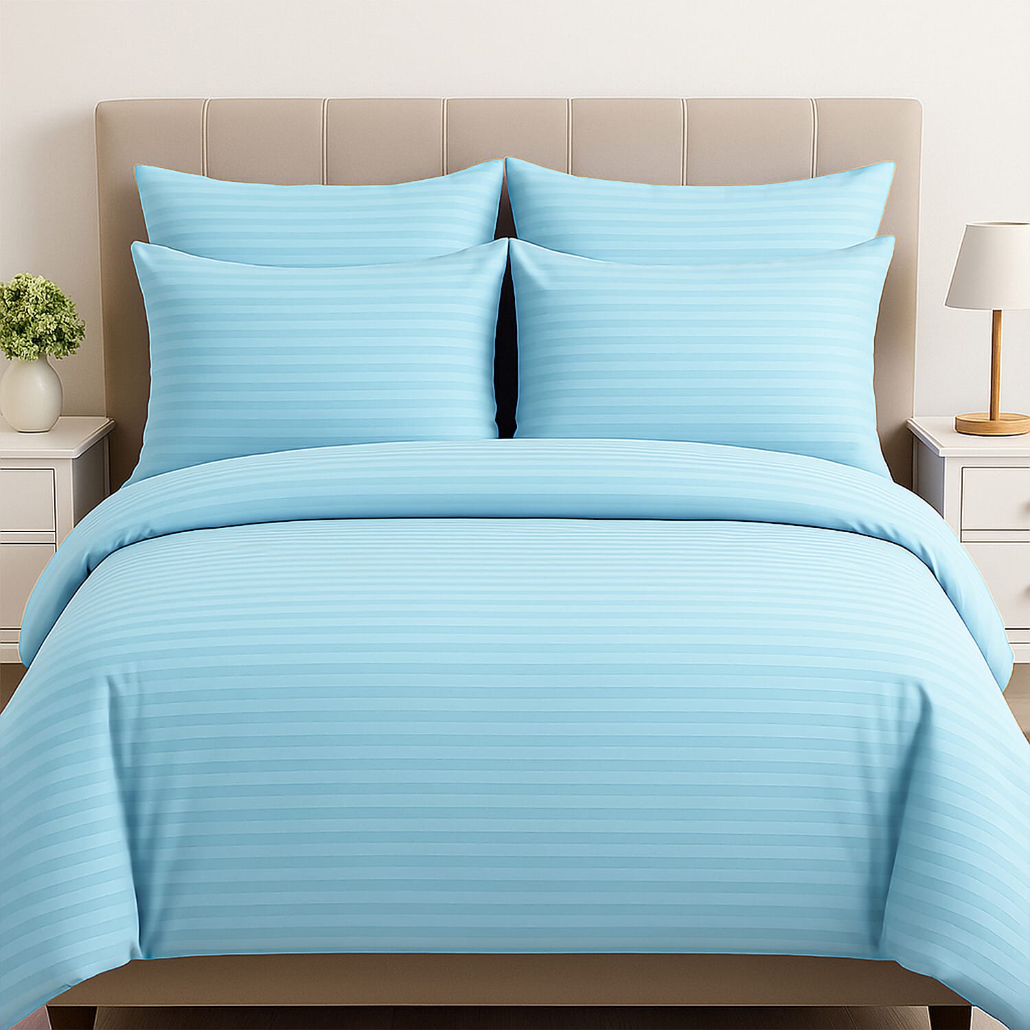 Homesmart Satin Vertical Stripe 6-Piece Double Bedding Set (incl. Duvet Cover, Fitted Sheet, 4 Pillowcases)