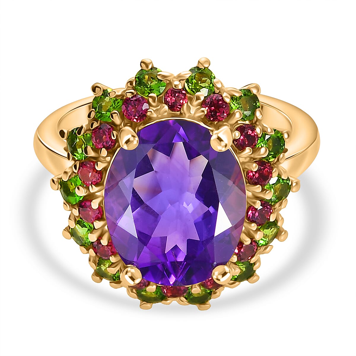 Moroccan Amethyst, Rhodolite Garnet, Natural Chrome Diopside Solitaire Ring in 18K YG VermeilSterling Silver  4.281  Ct.