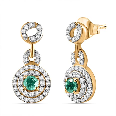 Colombian Emerald & White Zircon Earring with Push Back in 18K Vermeil Yellow Gold Plated Sterling Silver 1.14 Ct.