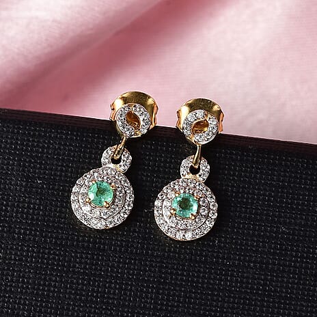 Colombian Emerald & White Zircon Earring with Push Back in 18K Vermeil Yellow Gold Plated Sterling Silver 1.14 Ct.