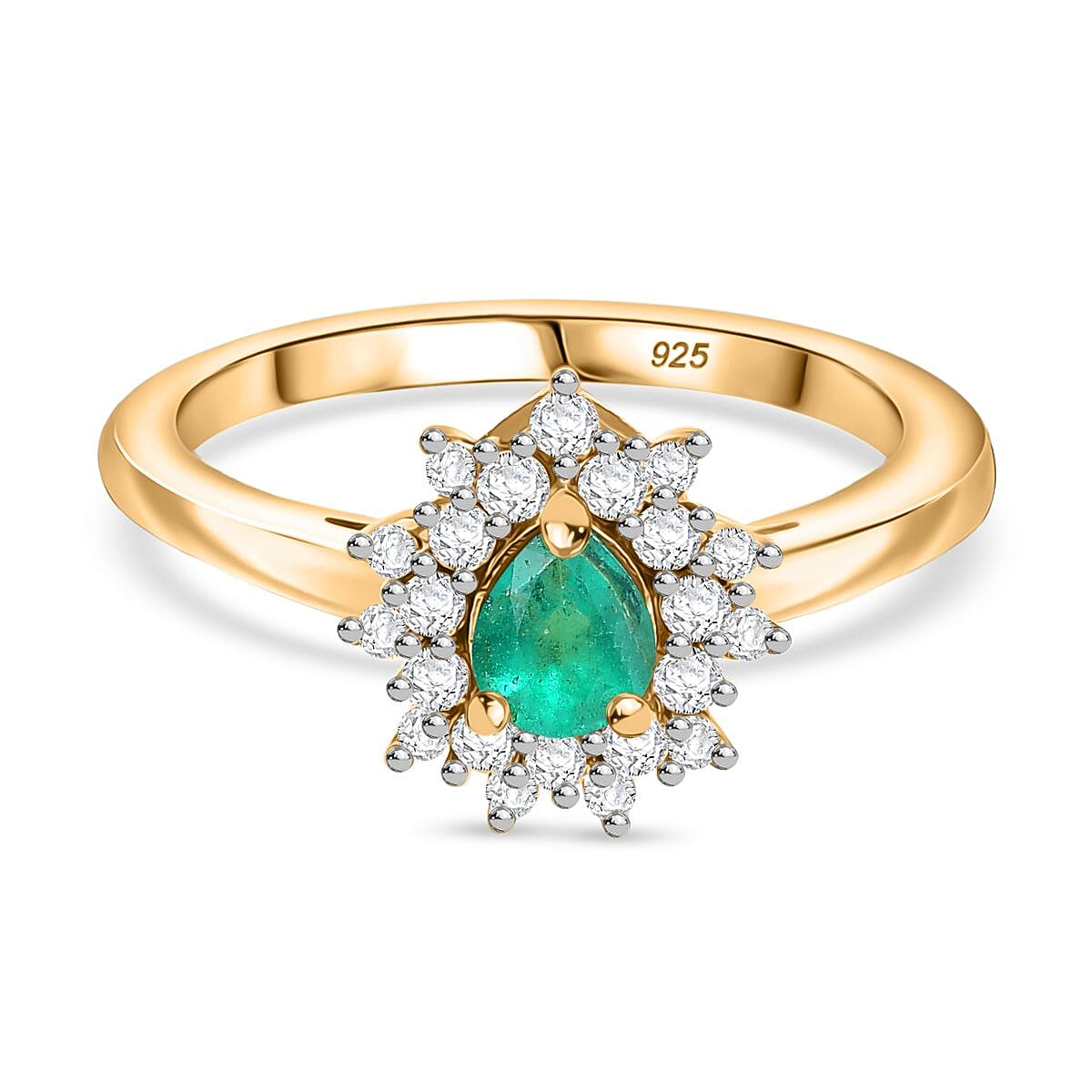 Colombian Emerald & White Zircon Ring in 18K Vermeil Yellow Gold Plated Sterling Silver 0.71 Ct.