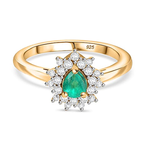 Colombian Emerald & White Zircon Ring in 18K Vermeil Yellow Gold Plated Sterling Silver 0.71 Ct.