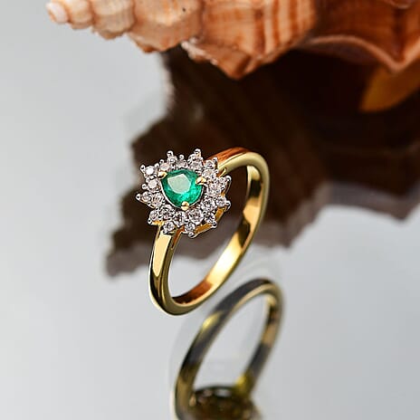 Colombian Emerald & White Zircon Ring in 18K Vermeil Yellow Gold Plated Sterling Silver 0.71 Ct.