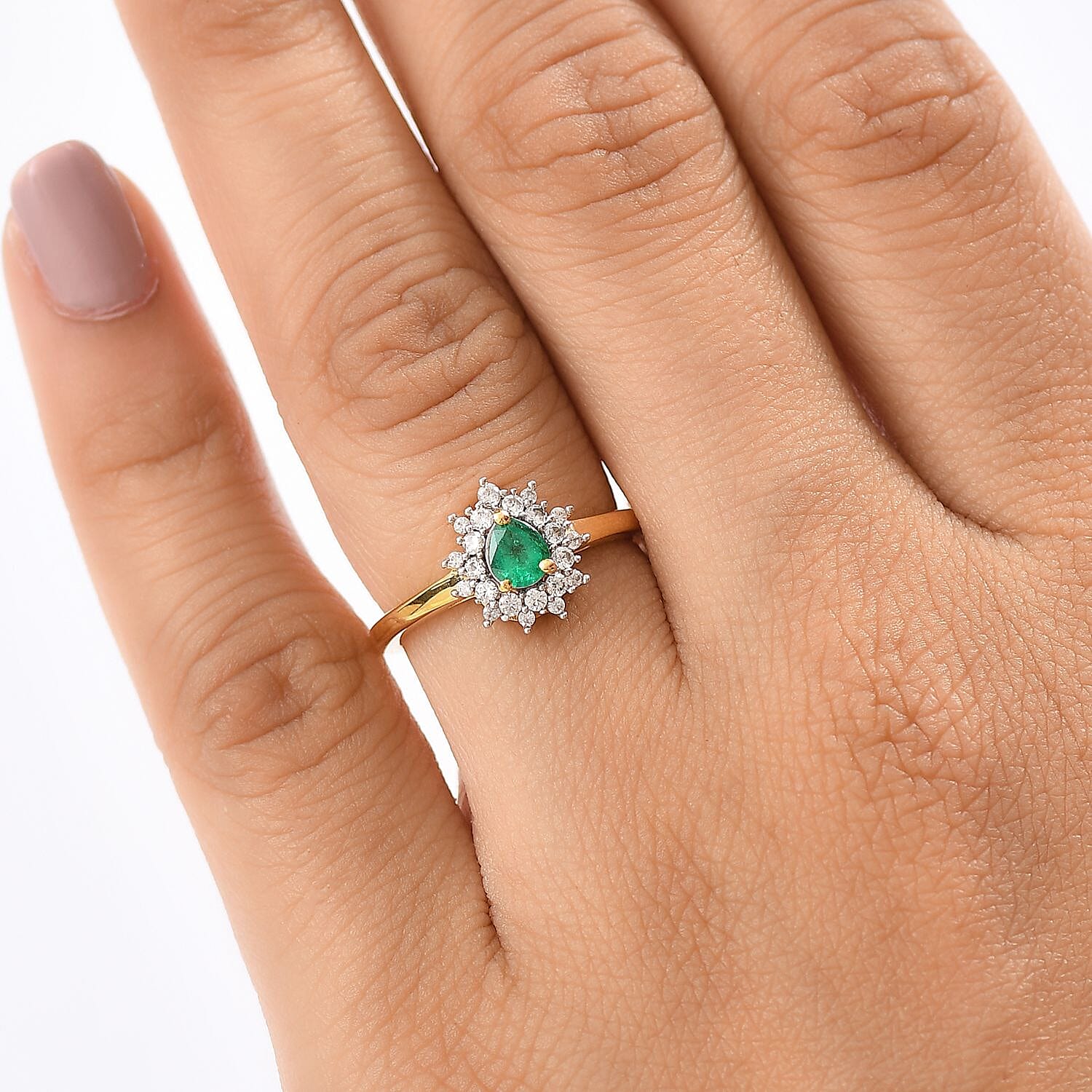 Colombian Emerald & White Zircon Ring in 18K Vermeil Yellow Gold Plated Sterling Silver 0.71 Ct.