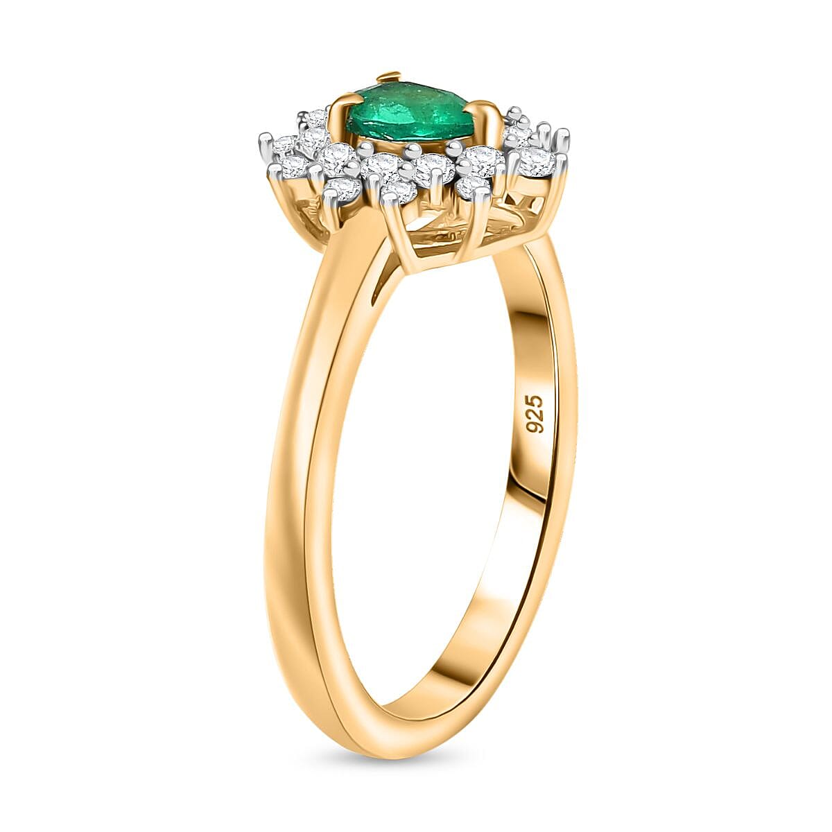 Colombian Emerald & White Zircon Ring in 18K Vermeil Yellow Gold Plated Sterling Silver 0.71 Ct.