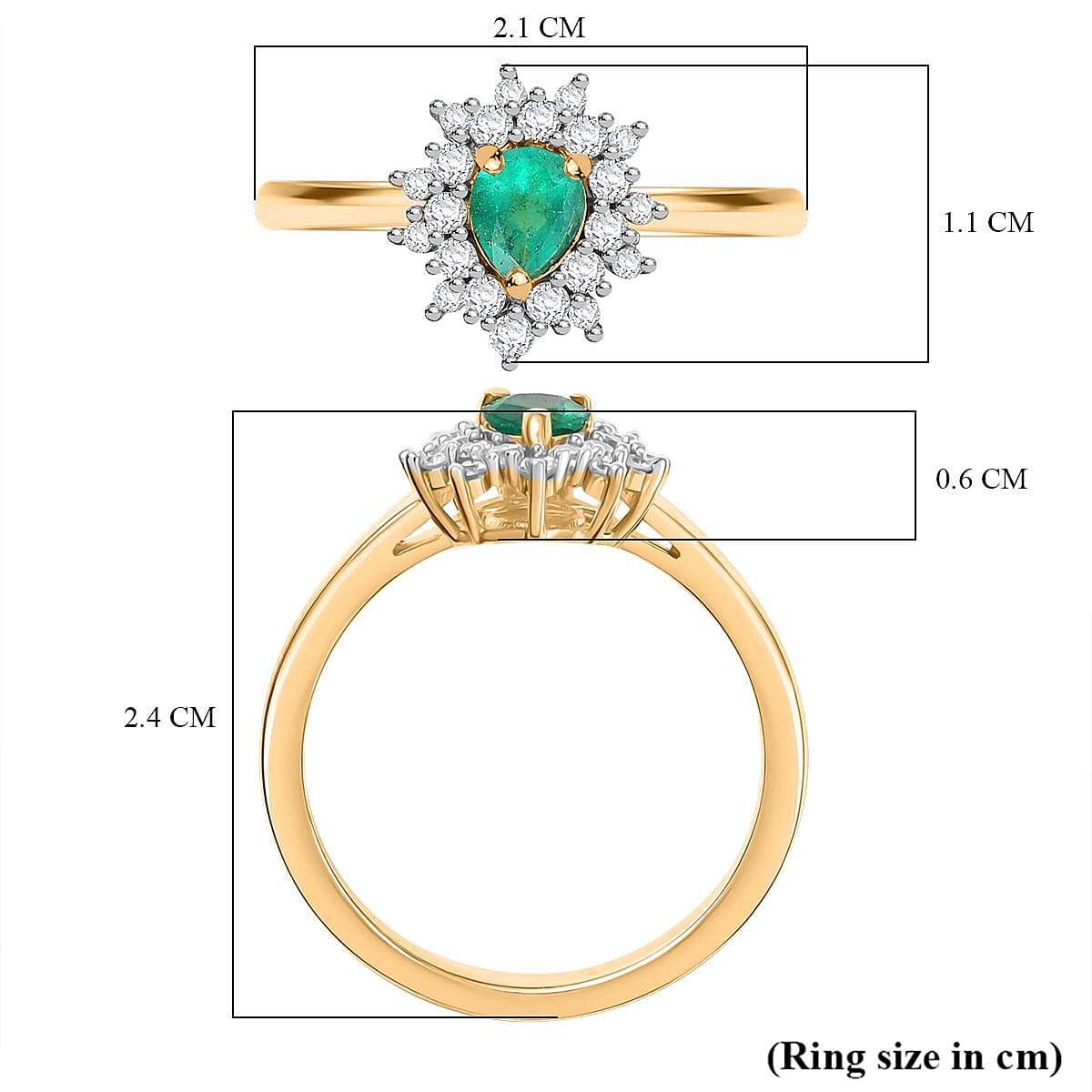 Colombian Emerald & White Zircon Ring in 18K Vermeil Yellow Gold Plated Sterling Silver 0.71 Ct.